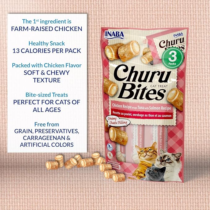 INABA Churu Bites for Cats, Soft Baked Chicken Churu Filled Cat Treats with Green Tea Extract, 0.35 Ounces Each Tube, 9 Tubes Total, Chicken Recipe