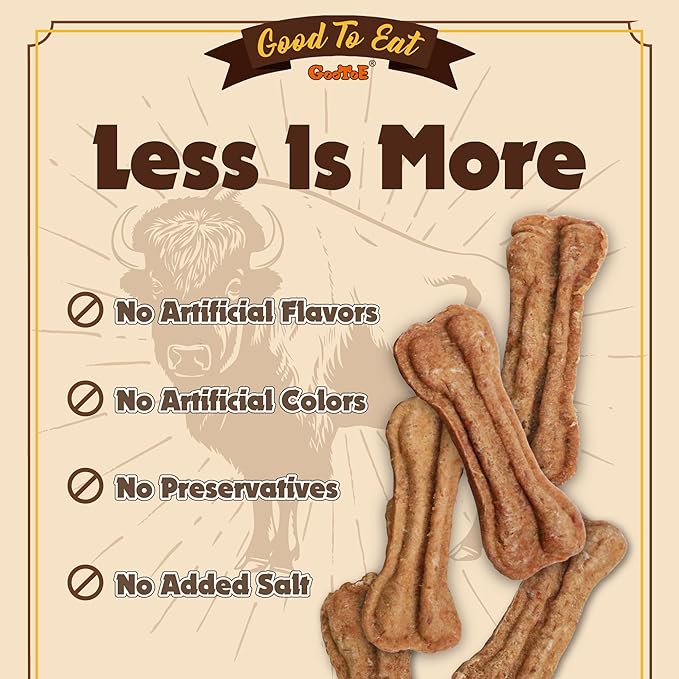 Gootoe Buffalo Dog Treats, Natural Low-Fat Chews for Training & Rewards, Limited Ingredient, Puppy Treats for Small Dogs & Puppies, Buffalo Bites Bone Shaped, 8 oz