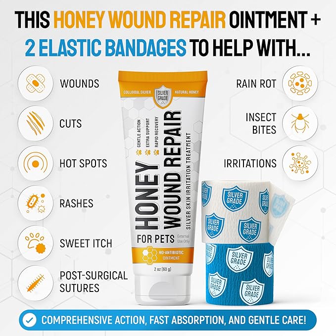 Hot Spot Treatment For Dogs & Cats to Help with Scratches, Cuts, Bites – Set of Honey Wound Repair Ointment in Gel Form + 2 Bandages – Horse & Dog Wound Care with Silver & Honey – All Pets Care – 2 Oz