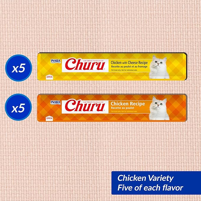 INABA Churu Cat Treats, Grain-Free Lickable Creamy Purée with Vitamin E, 0.5 Ounces per Tube, 10 Tubes Total, Chicken Variety Box