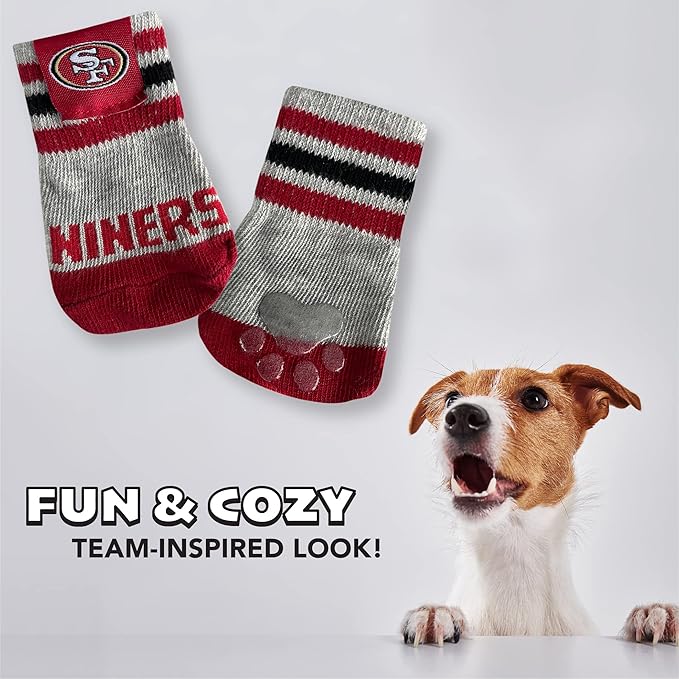 NFL SAN Francisco 49ERS Anti Slip Dog Socks with Elastic Ribbed Top, Size X-Small/Small. Indoor/Outdoor Socks, Best Dog Paw Protector, 2 Pairs, Cool Puppy Supplies with NFL Logo of 49ERS Team
