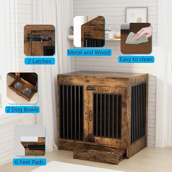 yookare Rustic Brown Heavy Duty Furniture Dog Crate, Wood and Metal Kennel Cage, Pet House End Table with Drawer and Pull-Out Design, Dog Home for Indoor use, Medium Size