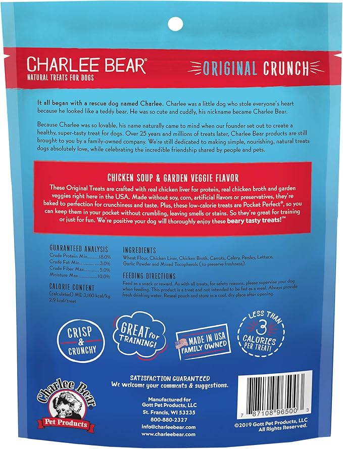 Charlee Bear Original Dog Training Treats, Low Calorie (3 Calories Each), Limited Ingredient, Chicken Soup and Garden Veggie Recipe, Natural Bite-Size Treats for Dogs, 16 Ounce