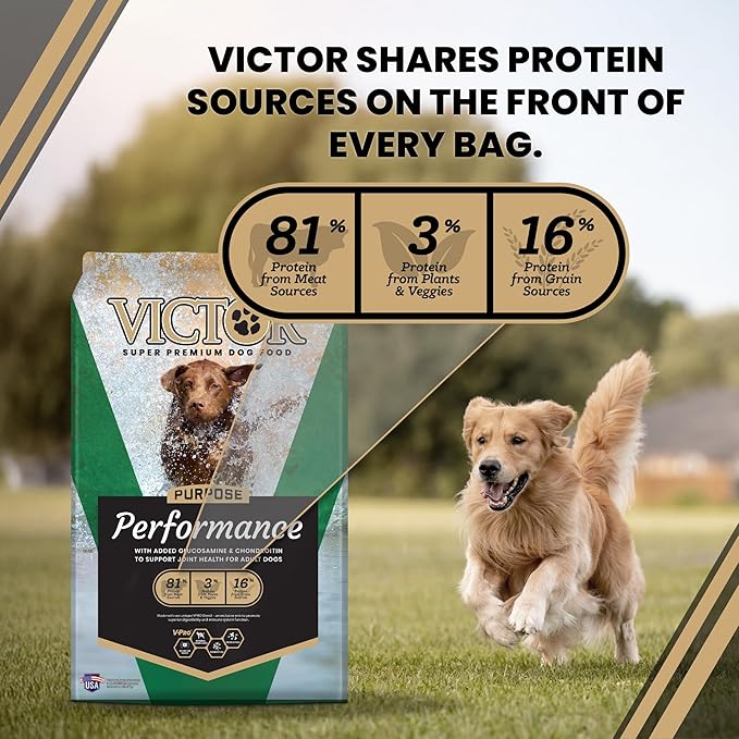 VICTOR Super Premium Dog Food – Performance Dry Dog Food from Beef, Chicken and Pork Meal – 26% Protein for Active Adult Dogs – Includes Glucosamine and Chondroitin for Hip and Joint Health, 40lbs
