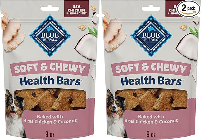 Blue Buffalo Soft & Chewy Health Bars, Baked with Real Chicken & Coconut, Natural Dog Treats Mineral-Enhanced for Flavor, 9 oz. Bag (Pack of 2)