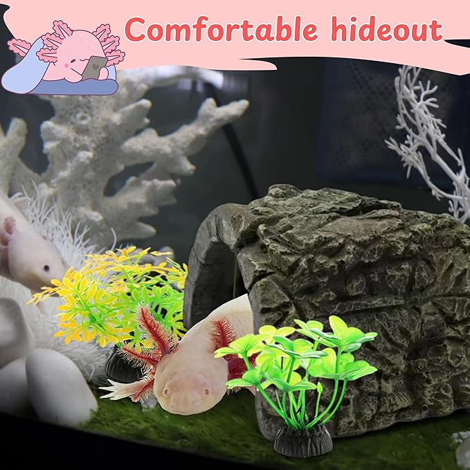Axolotl Hides for Aquarium and Fake Water Plants Set, Axolotl Cave Aquarium Plastic Tree, Tortoise Turtle Hideout, Fish Tank Decor, Axolotls Tank Accessories, Turtle Tank Accessories (Plant Cave, L)