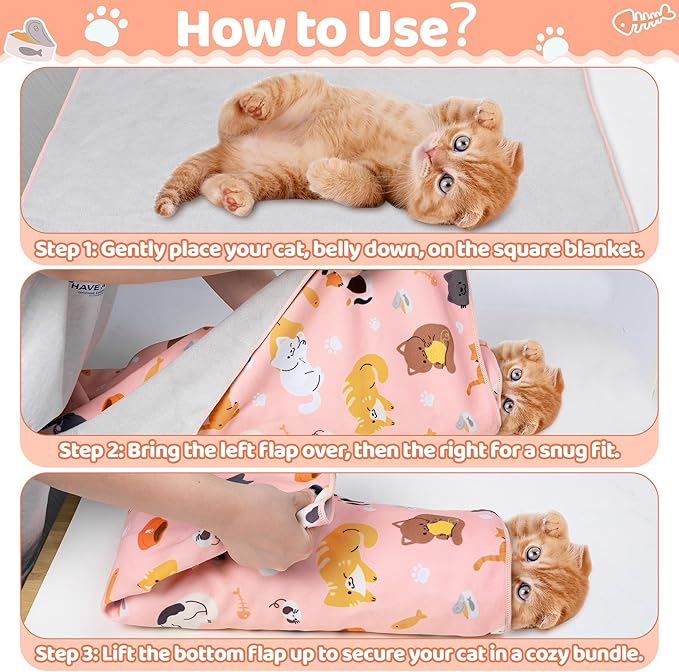 EYxsaxenk 27.6" Cat Grooming Wrap - Pink Self-Adhesive Cat Restraint Wrap Cutting Nails Blanket Anti-Scratch Anti-Escape Cloth Multifunctional Swaddle Pet Tool for Pet Cleaning & Beauty (Within 15lbs)