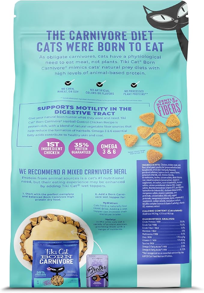 Tiki Cat Born Carnivore Dry Cat Food, Hairball Control, Chicken, 6 lbs. Bag