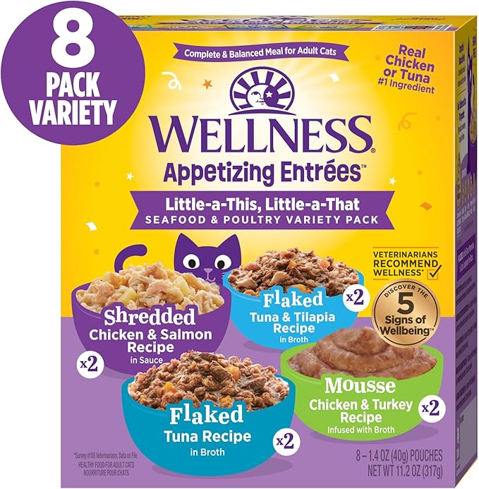 Wellness Appetizing Entrées Flaked, Shredded and Mousse Variety Pack Adult Wet Cat Food, Natural, Protein-Rich, Grain Free, Seafood & Poultry Recipes, 1.4 oz, Pack of 8 Pouches