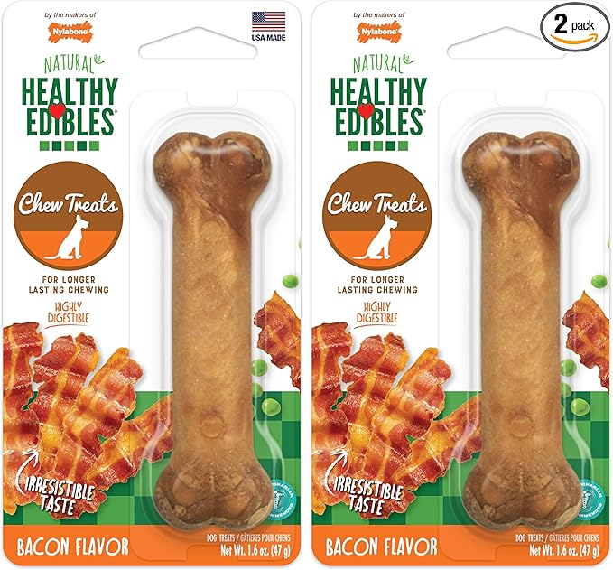 Nylabone Healthy Edibles Natural Dog Chews Long Lasting Bacon Flavor Treats for Dogs, Small/Regular (1 Count) (Pack of 2)