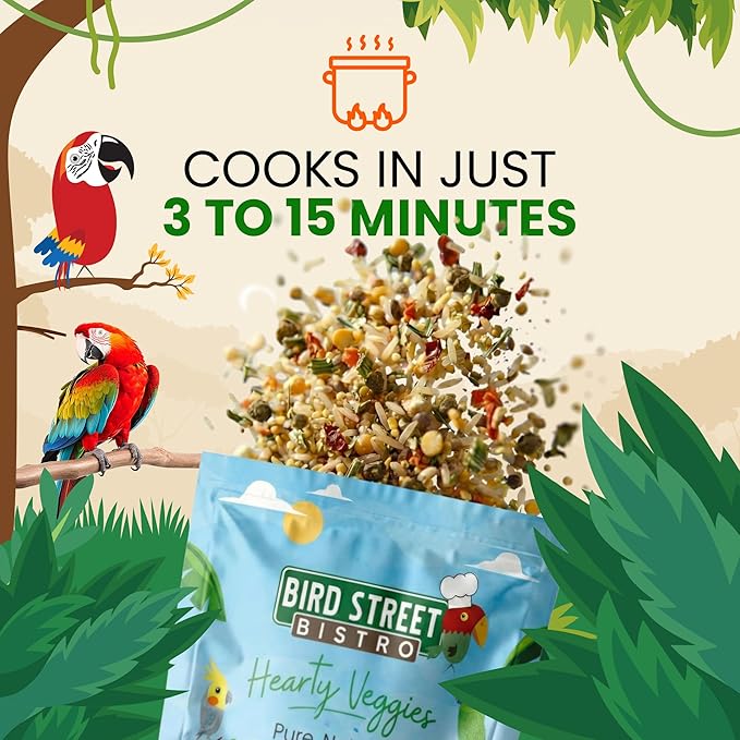 Bird Street Bistro Parrot Food for Parakeets & Cockatiels - Hearty Veggies - 20 oz - Cooks in 3-15 min, Natural Grains, Fruits & Vegetables - USA Made