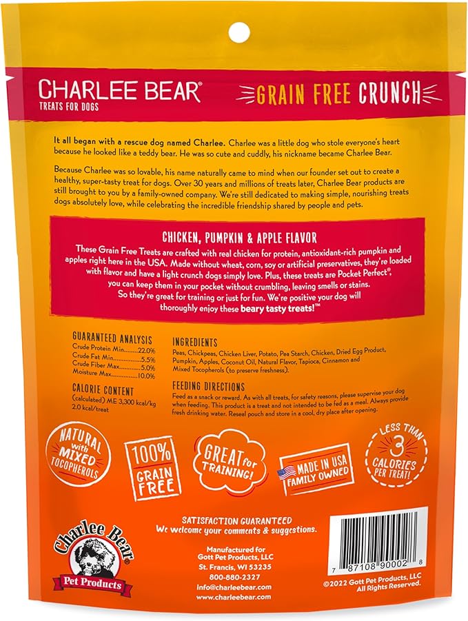 Charlee Bear Crunchy Dog Training Treats, Low Calorie (3 Kcal), Grain Free Natural Mini Treats for Puppies, Small, Medium & Large Dogs, USA Made, Healthy Chicken, Pumpkin & Apple Flavor 8oz (2-Pack)