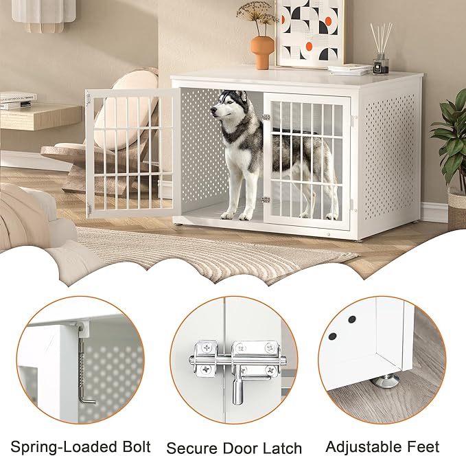 rehomerance 42" Heavy Duty Dog Crate Furniture for Large and Medium Dogs, Enclosed Design Wooden Metal Kennel, Wooden Cage Furniture Indoor, Decorative Dog Kennel End Table