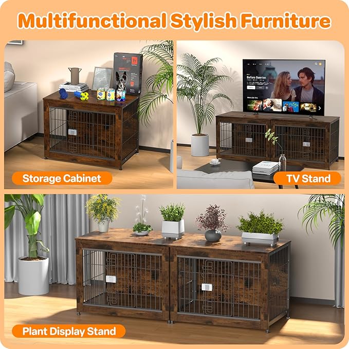 Escape Proof Decorative Dog Crate Furniture with Wooden Top, 32in Furniture Style End Table and Secure Indoor Kennel, Anti Anxiety for All Breeds, Aged Black