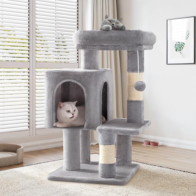 SHA CERLIN 29in Cat Tree for Indoor Cats, Multi-Level Cat Tower with Large Perch, Cozy Condo, Playful Toy Balls, Sisal Scratching Posts, Stable Pet Furniture Activity Center, Space-Saving, Light Grey