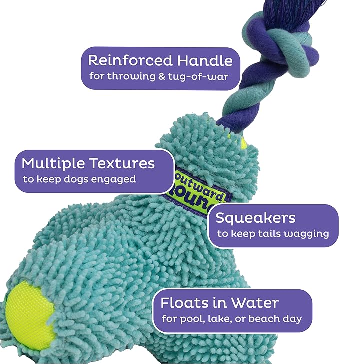 Outward Hound FlyFetch Rope Tug Dog Toy, Plush Body with Squeakers, Multiple Textures, Floats in Water, All Breeds, 11"