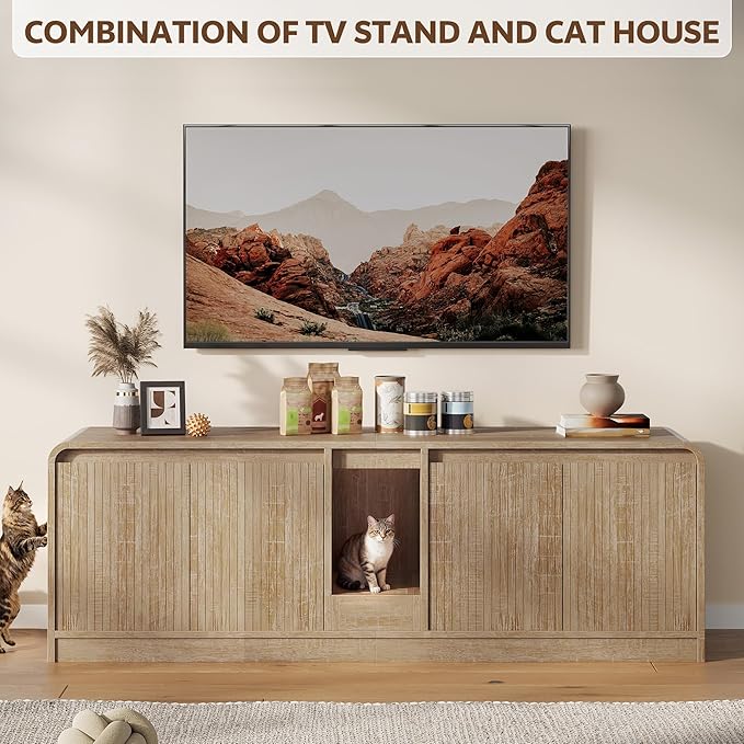 Cat Litter Box Enclosure with Litter Collector, 59'' Double Litter Box Enclosure for 2 Cats, Hidden Litter Box Furniture for Indoor Cats Large Adult, Cat House, Side Table, TV Stand, Natural