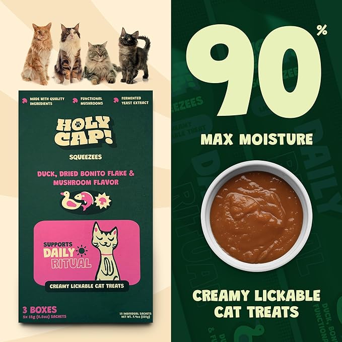 Daily Ritual Grain-Free Lickable Cat Treats, 15 Squeezable Purée Tubes (0.5 oz Each), Duck & Tuna Flavor, Creamy Cat Purée with Clean Ingredients, Hand-Fed Treat or Meal Topper