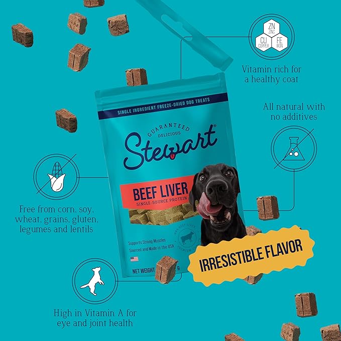 Stewart 100% Beef Liver Dog Treats, 2 oz Pouch, ~45 Pieces, Freeze Dried Raw, Single Ingredient, 50% Protein Training Treats or Meal Topper, Grain Free, Gluten Free