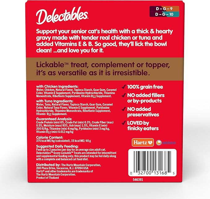 Delectables Lickable Treat Gravy Senior 10+ Variety Wet Cat Treat & Food Topper, Food Topper, Hydrating, Grain-Free, No Fillers, No by-Products, No Added Preservatives, 1.4-oz Pouch, 12 Count