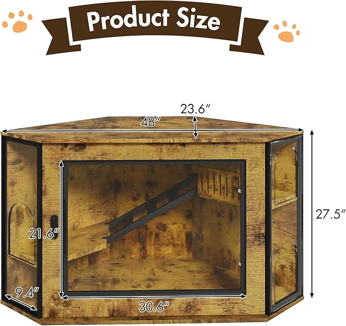 48" Corner Cat Litter Box Enclosure, Modern Hidden Cat Cabinet with Acrylic Door, LED Light & Playground, Multi-Level Cats House with Stairs, Corner Furniture for Small Apartments, Brown
