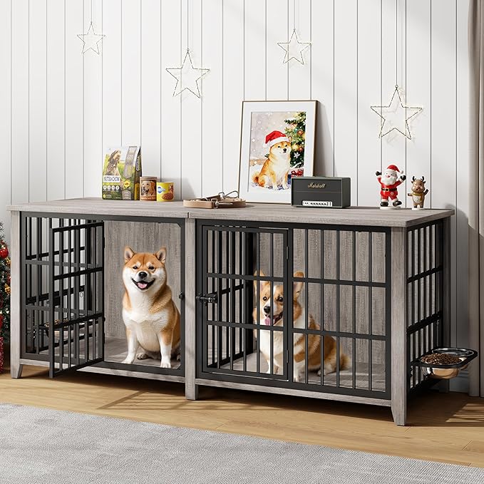 Lulive 78-Inch Extra Large Wooden Dog Crate – Multi-Functional Furniture for Large or Multiple Dogs (Grey)