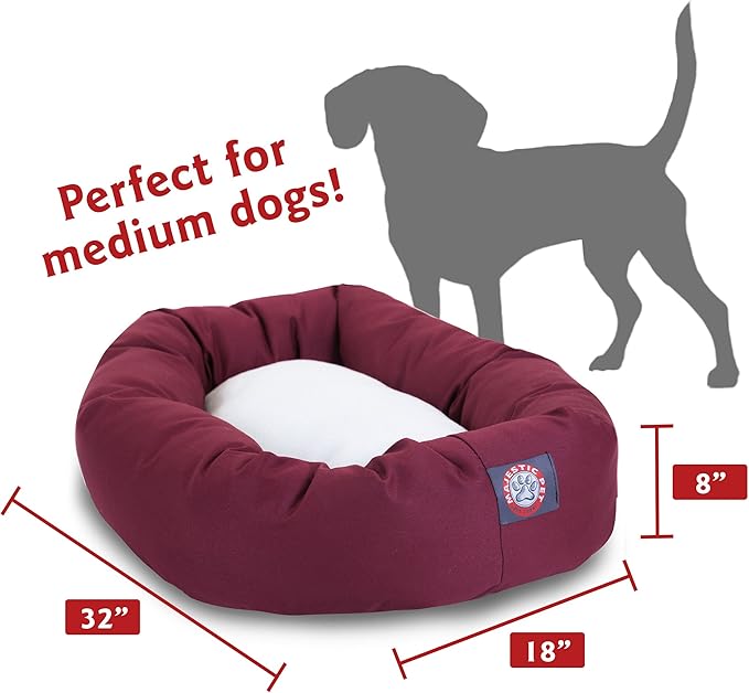 Majestic Pet 32 Inch Poly-Cotton Sherpa Calming Dog Bed Washable 32x18x8 (inch) – Cozy Soft Round Donut Dog Bed with Spine for Head Support - Pet Bed Medium - Burgundy