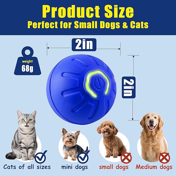 Interactive Self-Moving Pet Toy Ball - Motion-Activated Auto Rolling, Military-Grade Chew Resistant, USB-C Rechargeable for Small Dogs & Cats (Blue, Small