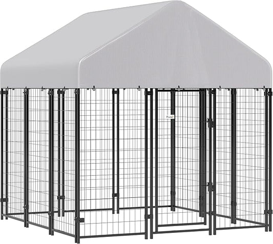 PawHut Outdoor Dog Kennel with Roof, 6' x 6' x 6' Heavy Duty Welded Wire Dog Playpen Enclosure with Escape-Proof Lock, UV-Resistant & Waterproof Cover, for Large Dogs, Chickens, Ducks, Silver
