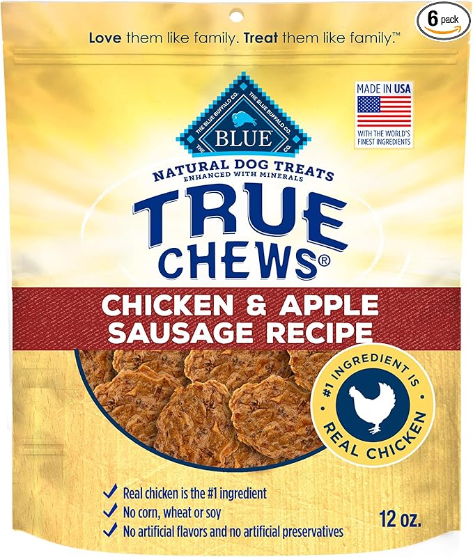 Blue Buffalo True Chews Dog Treats, Made in The USA with Natural Ingredients, Chicken and Apple Sausage Recipe, 12-oz Bag (Pack of 6)