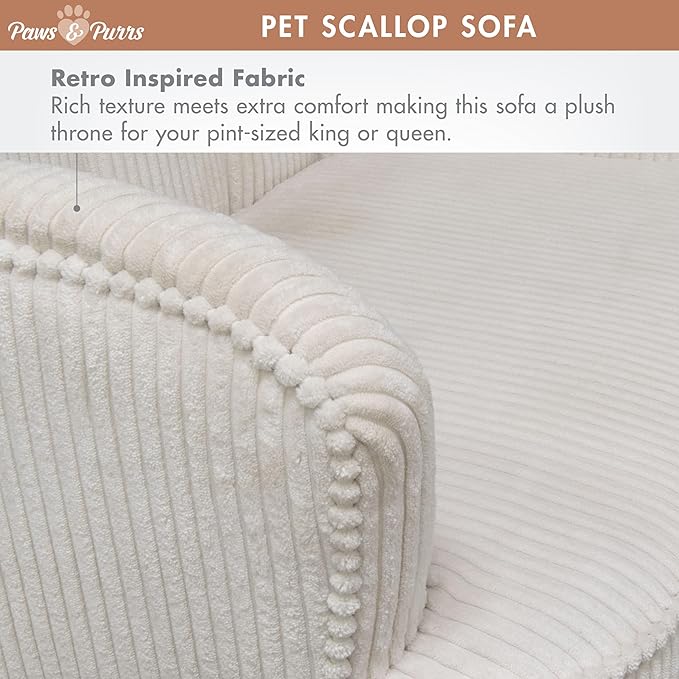 Paws & Purrs Retro Scalloped Back Sofa Style Pet Bed, Dog & Cat Couch with Tufted Cushion & Armrest, Stylish Indoor Pet Furniture, Cream