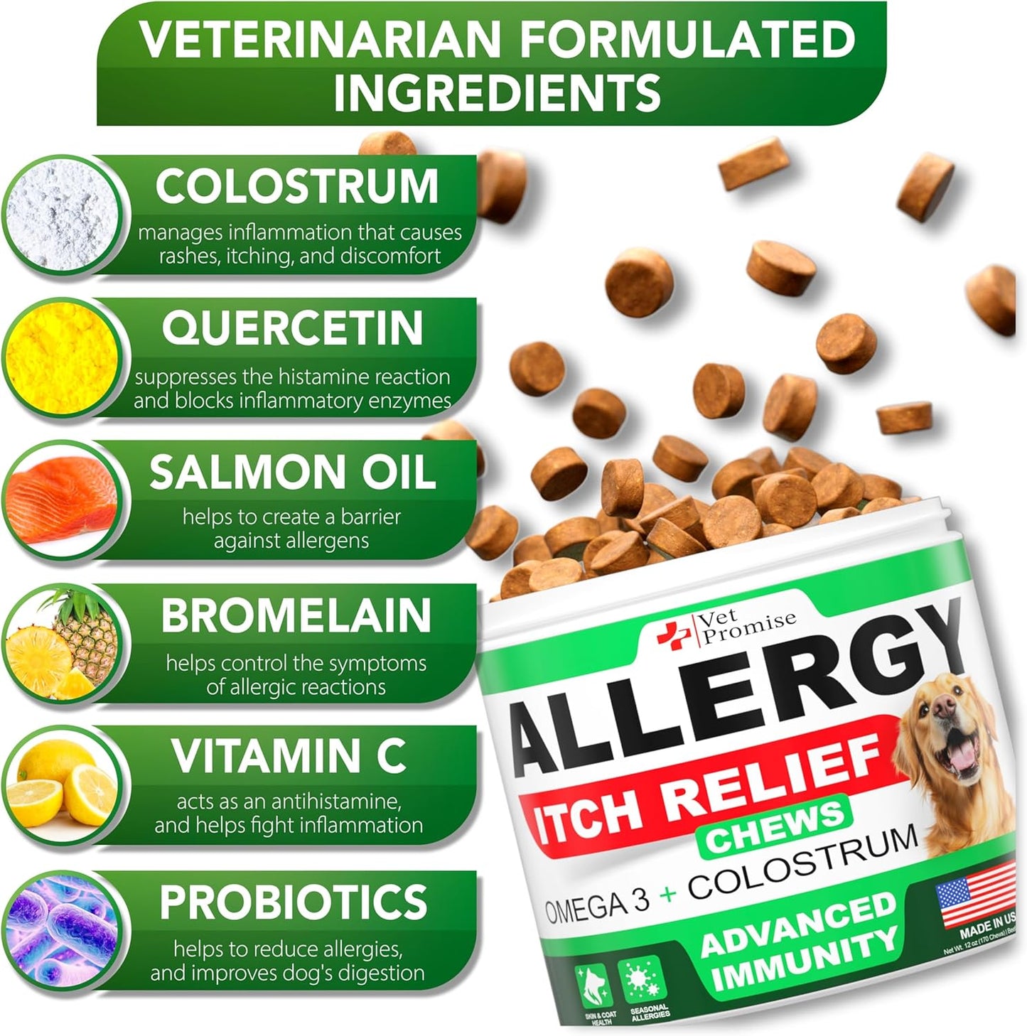 Dog Allergy Relief Chews - 170 Dog Allergy Chews - Itch Relief for Dogs - Anti Itch for Dogs - Dry & Itchy Skin - Allergies & Immune Support Supplement, Omega 3 Fish Oil, Colostrum - Made in USA