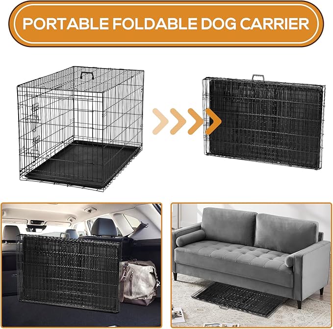 Dog Crate, 47 Inch Extra Large Wire Kennel with Divider Panel, Metal Cages with Double Door, Leak-Proof Pan Tray, Folding Portable for Indoor Outdoor Travel