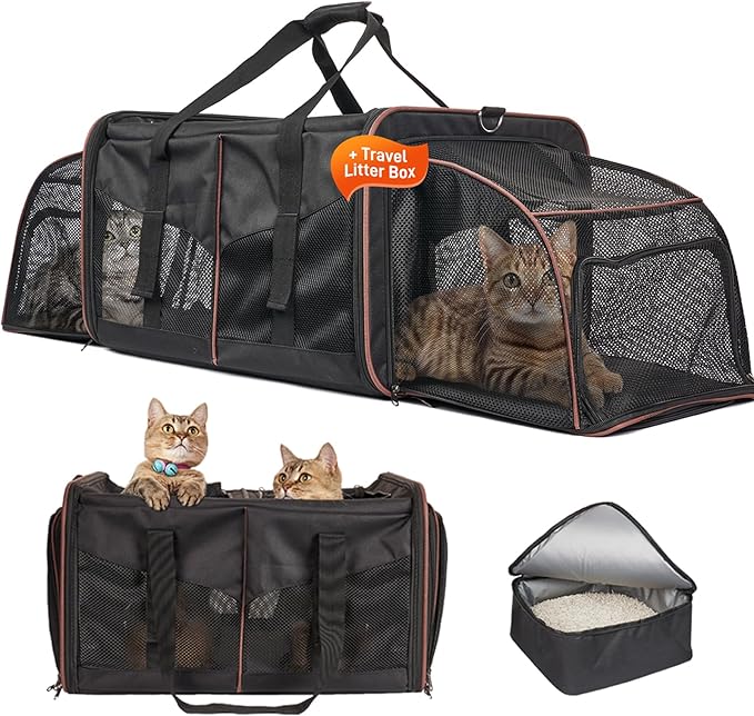 Large Cat Carrier for 2 Cats with 2 Litter Boxes, A.FATI Expandable Foldable Double Pet Carrier with Removable Divider, Breathable Mesh Oxford Cat Travel Crate for Car/Camping/Vet, Black