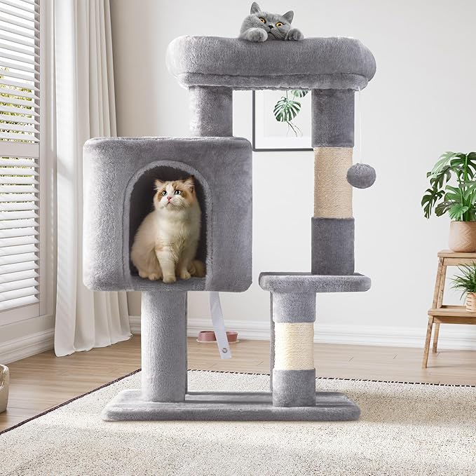 SHA CERLIN 29in Cat Tree for Indoor Cats, Multi-Level Cat Tower with Large Perch, Cozy Condo, Playful Toy Balls, Sisal Scratching Posts, Stable Pet Furniture Activity Center, Space-Saving, Light Grey