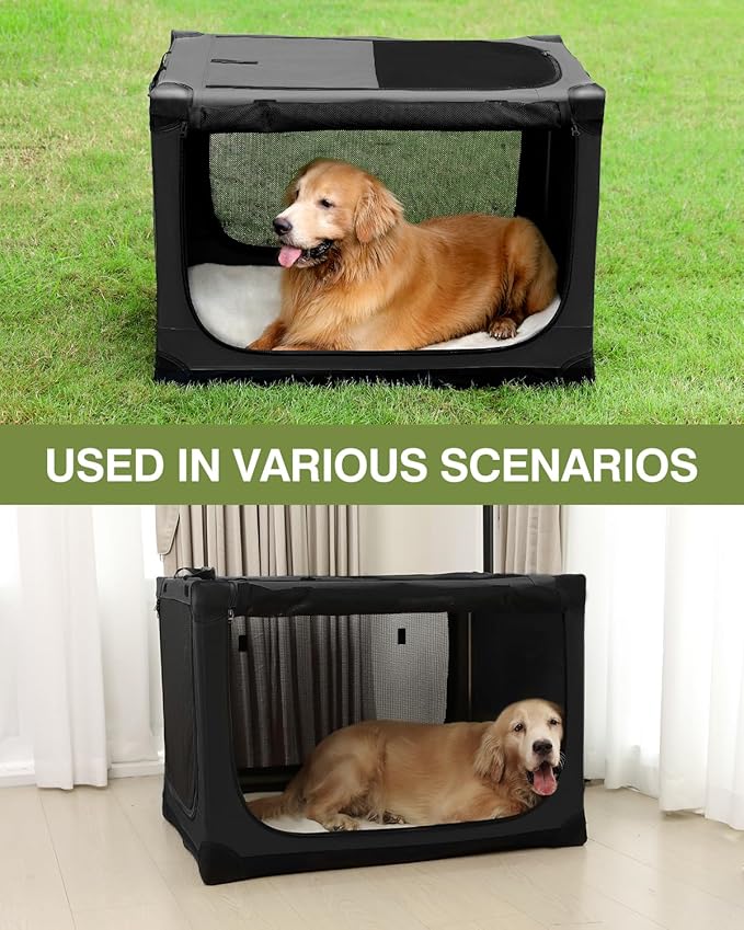 42 x 31 x 31 Inch Collapsible Soft Dog Crate for Dogs Up to 90 lbs, Portable Travel Pet Kennel with 4 Zip Doors, Foldable Indoor Outdoor Crate with Mat, Carry Bag, Black
