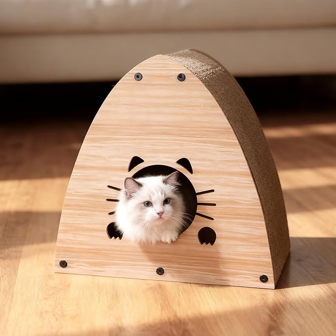 CSR1006H Koko 19" Modern Cardboard Triangle Cat Cave Scratcher with Catnip, Brown Wood Pattern, 2-in-1 Corrugated Cat House Hideaway & Scratching Board for Cats, Space-Saving