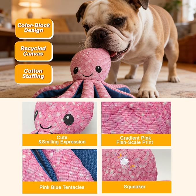 Recycled Canvas Octopus Squeaky Dog Toy for Chewers Puppy Teething Chew Toy Cute Pink Blue Stuffed Animal Durable Interactive Dog Squeak Toy for Small Medium Large Dogs Toy Gift 26cm/10.24in