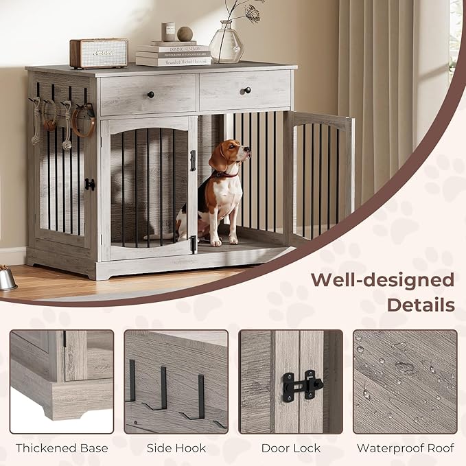 40 Inch Dog Crate Furniture, Wooden Dog Kennel Furniture, Heavy-Duty Dog Crate End Table with Storage Drawers, Double Doors Decorative Pet Cage House Indoor for Medium Large Dog, Gray