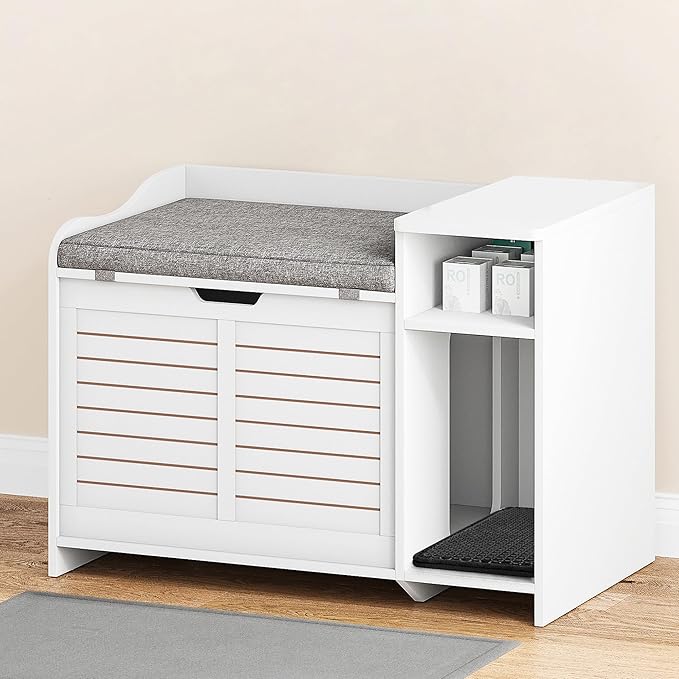Wooden Cat Litter Box Enclosures with Storage Shelf - Hidden Litter Box Furniture for Cat with Cushion & Mat - Litter Box Cabinet