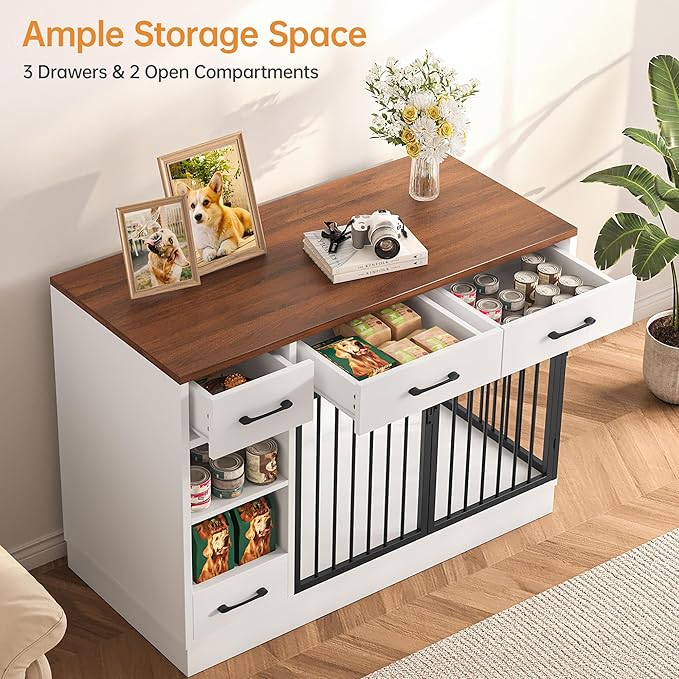 Dog Crate with Hidden Feeder Bowl & 3 Storage Drawers - 47.2" Wooden Dog Cage Indoor with Adjustable Shelf, 2 Doors Dog Kennel Furniture for Medium & Small Dogs, Multi-Functional Pet End Table