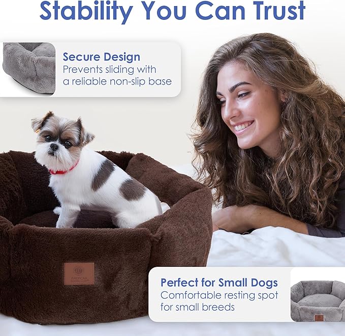 AMERICAN KENNEL CLUB Round Plush Dog Bed - 20" Cozy Donut Design for Small Pets, Ultra-Soft Washable Pet Bed with Non-Slip Bottom, Durable High-Loft Filling, Brown