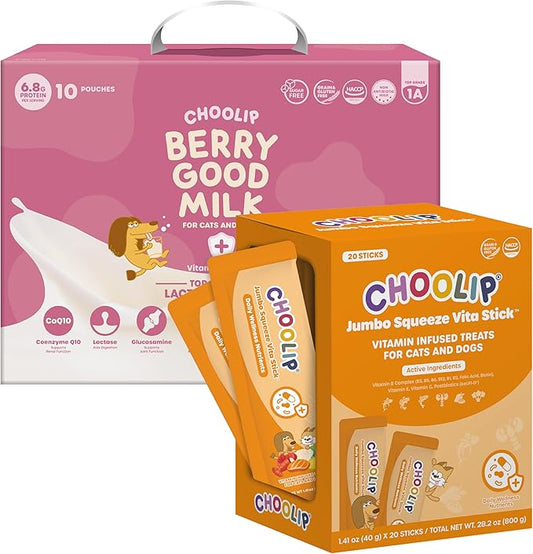 Choolip Bundle | 20pc Jumbo Squeeze Vita Sticks with Essential multivitamins + Berry Good Milk 10pk Vitamin-Infused [Both Products are for Cats & Dogs of All Life Stages]