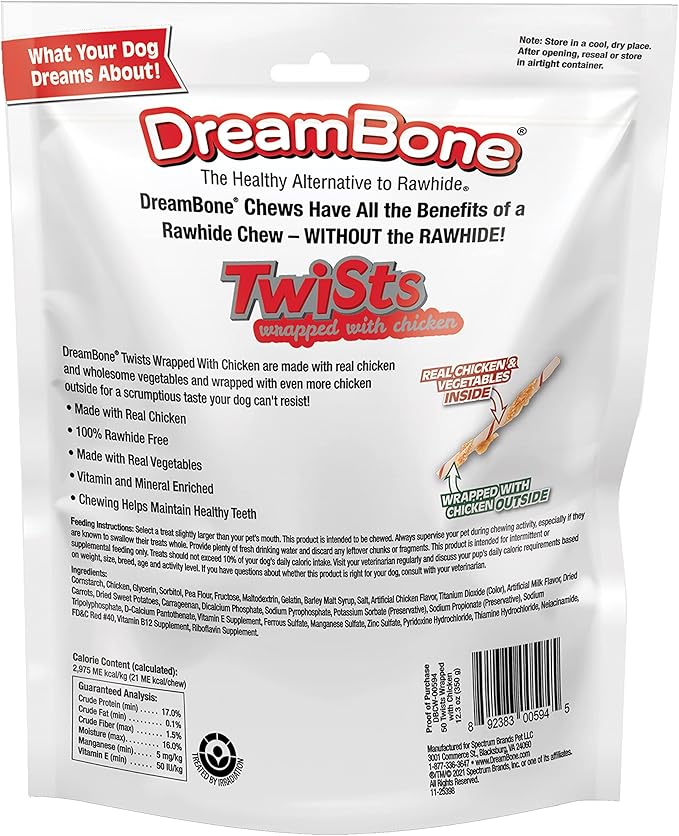 DreamBone Twist Sticks Chews Wrapped With Real Chicken, Treat Your Dog to Easy-to-Digest Rawhide-Free Chews, 50 Count