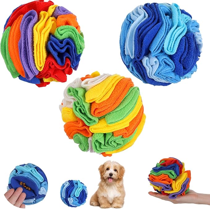 3 Packs Snuffle Ball for Dogs - Sniffle Interactive Treat Ball, Stress Relief, Slow Feeder, Puzzle Toy for Small Medium Dogs Cats, Soft Polar Fleece, Rainbow, Vitality Orange & Ocean Blue, 5.9 Inches
