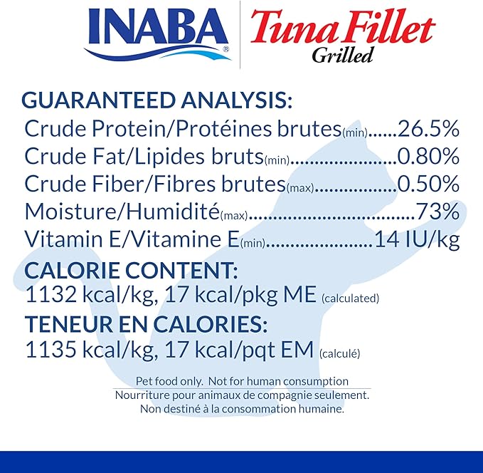 INABA Premium Hand-Cut Grilled Tuna Fillet Cat Treats/Topper with Vitamin E and Green Tea Extract, 0.52oz. Each, Pack of 6, Crab Broth