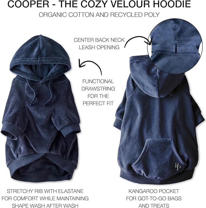 Pet Passion Cooper II Organic Cotton Velour Dog Hoodie Pet Coat for Small, Medium and Large Dogs, Navy, X-Large (55-80 lbs)