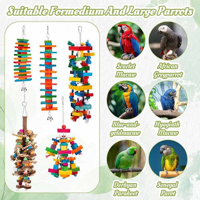 Seenelling 5 Pcs Extra Large Bird Parrot Toy Multicolored Natural Wooden Parrot Cage Chewing Toys for Large Medium Macaws Cockatoos African Grey Birds (Block and Ball)