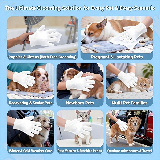 Pet Glove Wipes for Cats & Dogs, No Rinse Deodorizing Cleaning Mittens, Sphynx Cat Supplies, Thickened Hypoallergenic Aloe Vera, Unscented Full Body Grooming, Daily Care & Travel, 12 Count