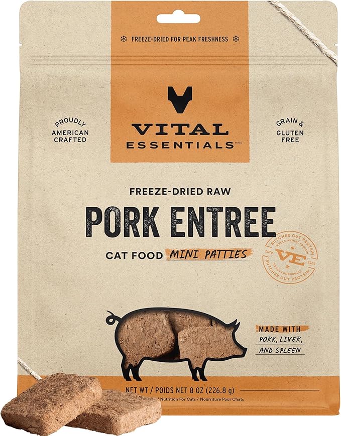 Vital Essentials Freeze Dried Cat Food, Raw Pork Mini Patties | Complete Meal or Topper | Easy to Portion and Rehydrate | High Protein, Grain Free Dry Cat Food | 8 oz Bag